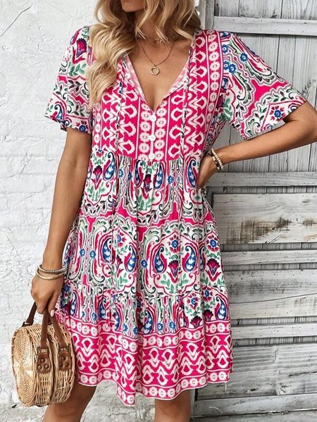 

V Neck Ethnic Ethnic Loose Dress, Pink, Dresses