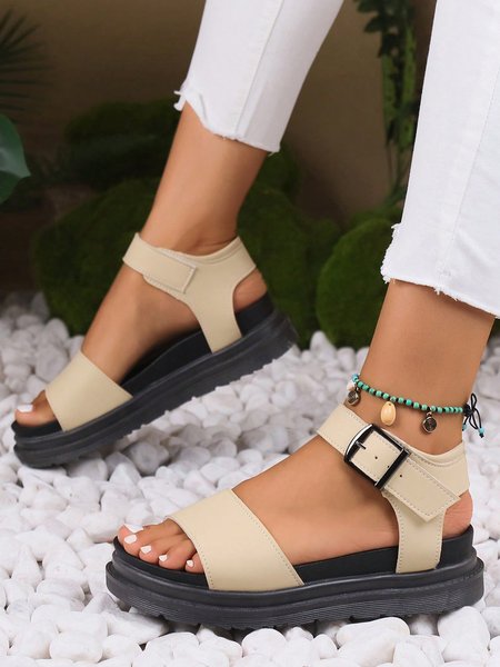 

Casual Minimalist Platform Ankle Strap Sandals, Apricot, Sandals