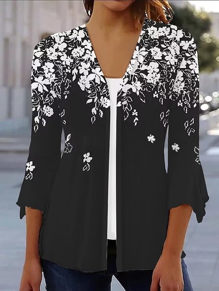 

V Neck Floral Casual Loose Kimono, Black, Cardigans