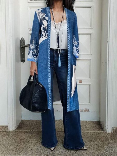 

Loose White Floral Long sleeve Casual Kimono, Blue, Kimonos