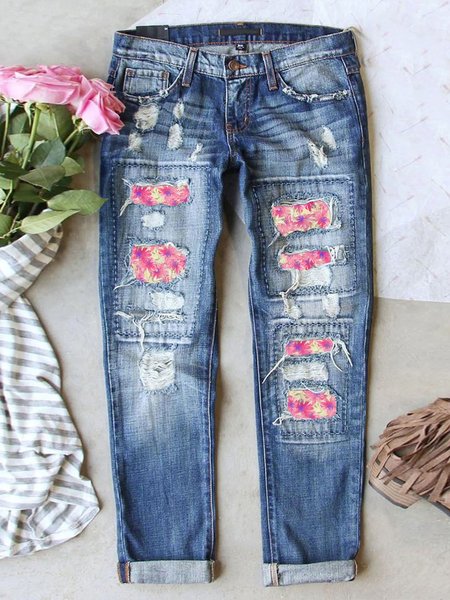 

Loose Floral Casual Denim Jeans, Blue, Jeans