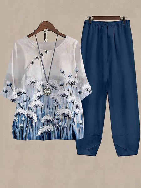 

Floral Crew Neck Loose Casual Two-Piece Set, Blue, Suit Set