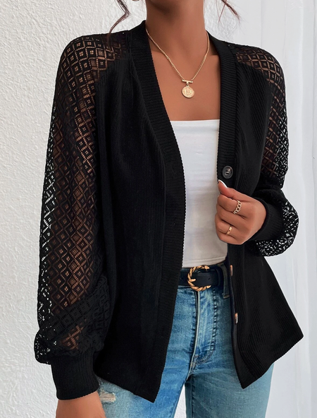 

Casual Plain Lace V Neck Kimono, Black, Coats