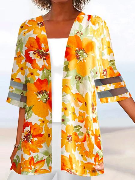 

Floral Loose Casual Cross Neck Kimono, Yellow, Cardigans