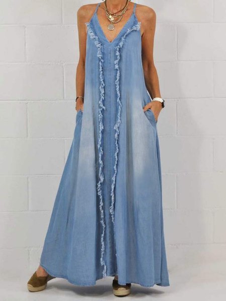 Loose Plain Vacation Denim Dress, Blue, Maxi Dresses