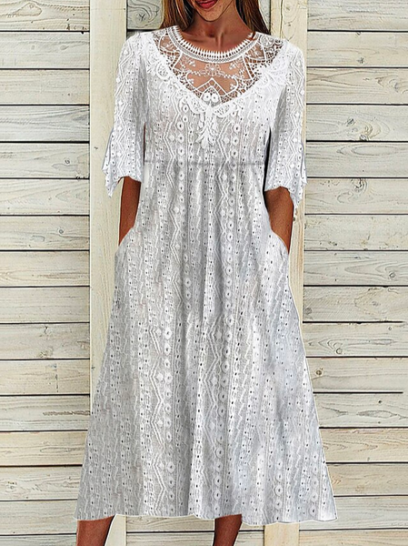 

Cotton Crew Neck Elegant Dress, White, Dresses