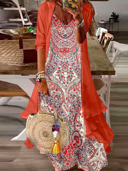 

Elegant Spaghetti Loose Ethnic Women Half Sleeve V-neck Graphic Printed Two-Piece Maxi Dress Two-Piece Set, Orange red, Suit Set