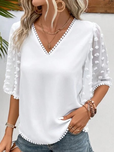 

Loose Casual Plain V Neck Shirt, White, Shirts & Blouses