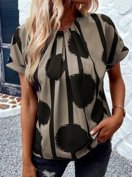 

Casual Crew Neck Geometric Loose Shirt, Brown, Shirts & Blouses