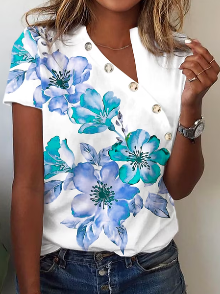 

Loose Buttoned Casual Crew Neck T-Shirt, Blue, T-Shirts