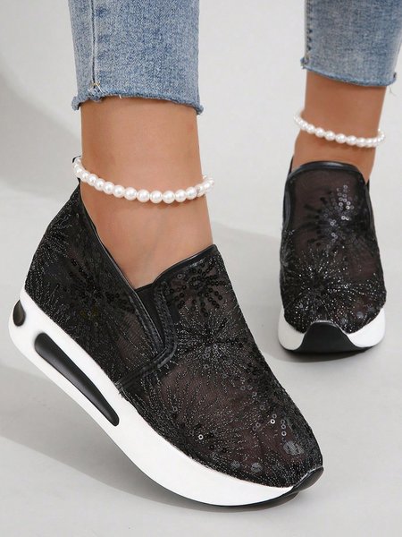 

Women Sequin Flower Decor Breathable Slip On Wedge Sneakers, Black, Sneakers
