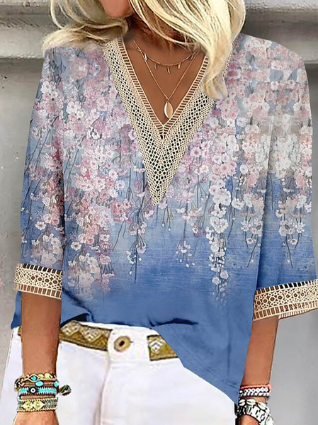 Casual Loose Floral V Neck Shirt, Blue, Shirts & Blouses