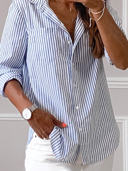 Striped Casual Long Sleeve Blouse, Blue, Shirts & Blouses