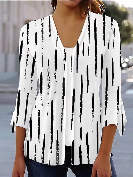 

Striped Loose V Neck Casual Kimono, White, Cardigans