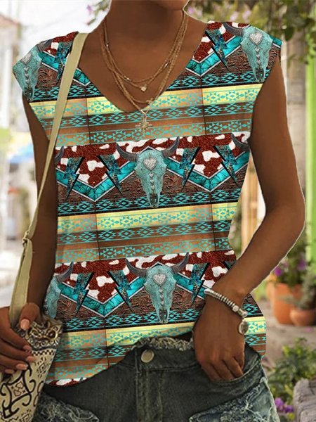 

Ethnic V Neck Casual T-Shirt, Blue, T-Shirts