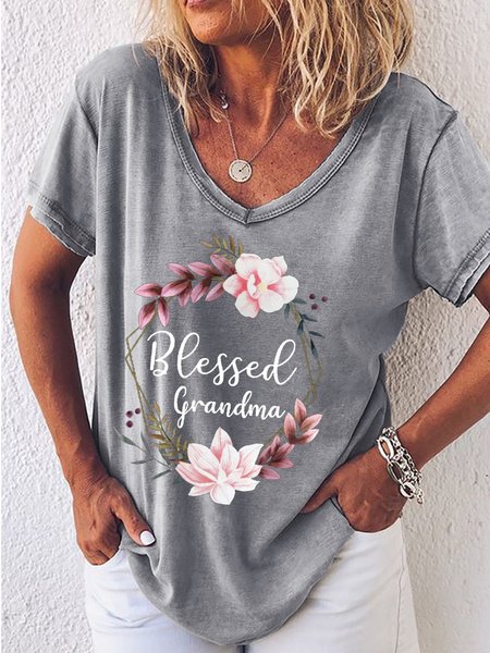 

Women's Blessed Grandma Casual Letters T-Shirt, Gray, T-shirts