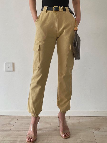 

Casual Plain Pockets Cargo Pants, Khaki, Cargo Pants