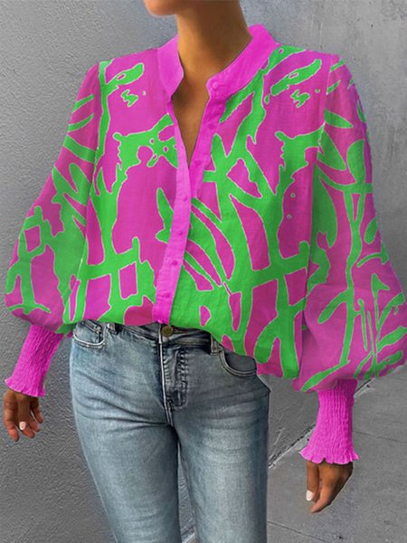 

Urban Stand Collar Abstract Print Loose Blouse, Rose red, Blouses and Shirts
