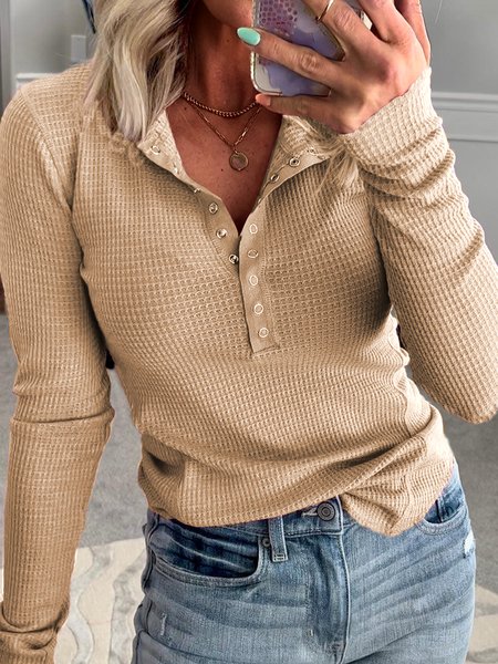 Loose V Neck Casual T-Shirt, Khaki, T-Shirts