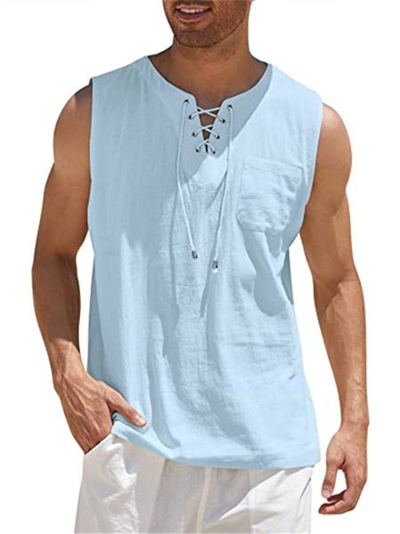 

Casual Lace-Up Plain Regular Fit Tank Top, Light blue, T-Shirts