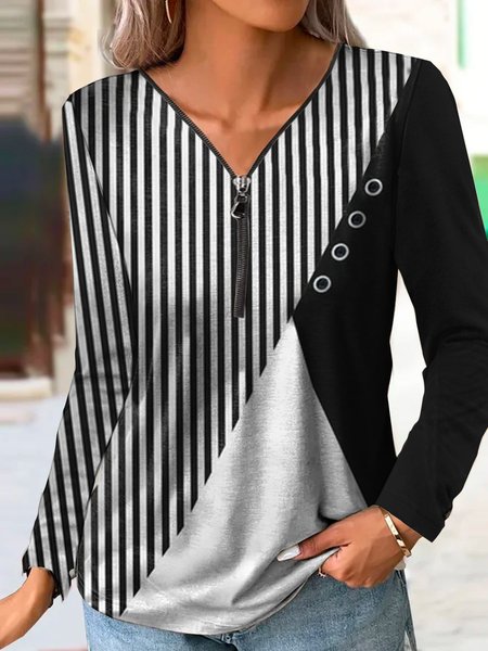 

V Neck Striped Casual T-Shirt, Black, T-Shirts