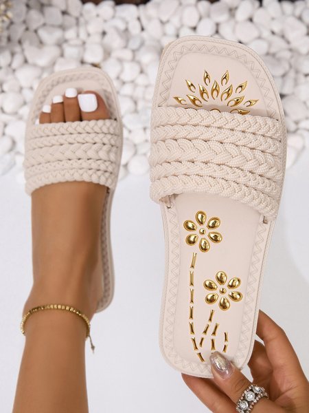 

Waterproof Woven Fabric Beach Slippers, Apricot, Slippers