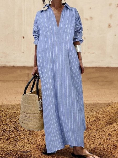 

Shirt Collar Casual Striped Loose Dress, Blue, Maxi Dresses