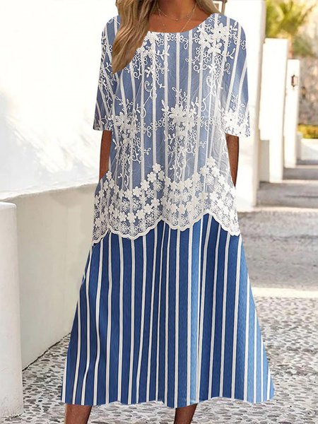 

Crew Neck Casual Striped Dress, Blue, Dresses