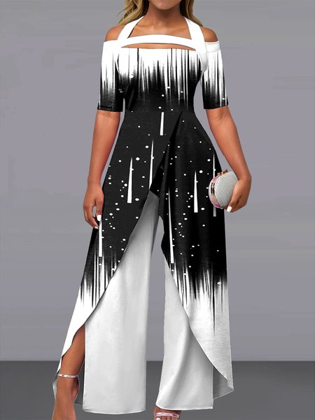 

Regular Fit Color Block Casual Boat Neck Jumpsuit, Black-white, Jumpsuits＆Rompers