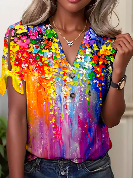 

V Neck Loose Floral Casual T-Shirt, Yellow, T-Shirts