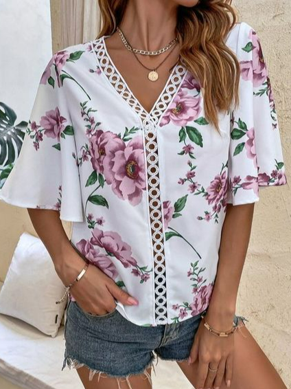 

V Neck Loose Casual Floral Shirt, White, Shirts & Blouses