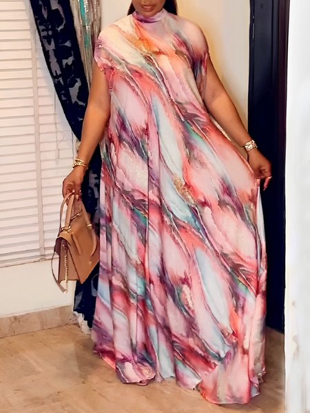 

Half Turtleneck Short sleeve Random Print Dress, As picture, Maxi Dresses