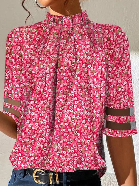 

Casual Stand Collar Cotton Floral Shirt, Dark pink, Shirts & Blouses