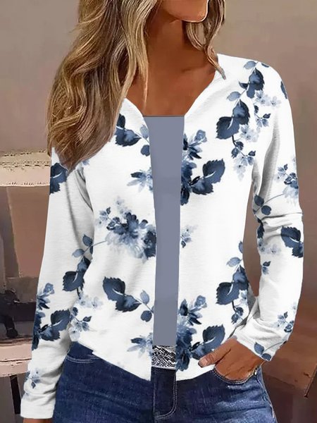 

Floral Casual Loose V Neck Kimono, White-blue, Kimono