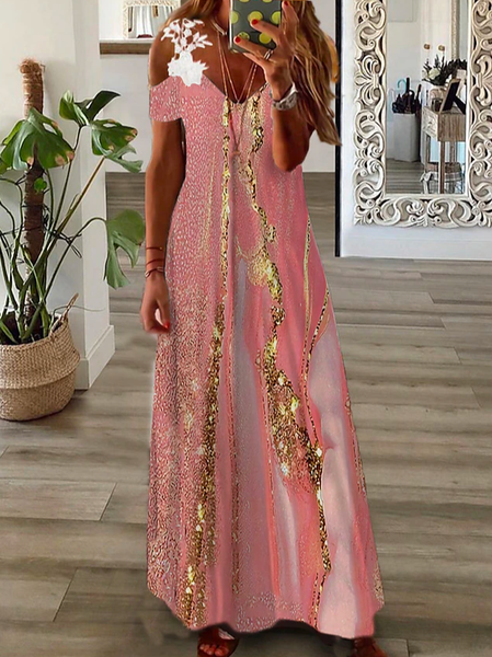 

Lace Geometric Casual Loose Dress, Pink, Dresses