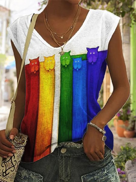 

Casual V Neck Loose Ombre T-Shirt, White, T-Shirts