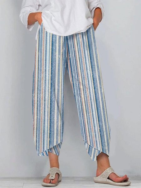 

Striped Linen Loose Cotton And Linen Pants, Blue, Pants