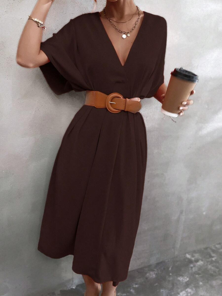 

Casual Loose Plain V Neck Solid Batwing Sleeve Dress Without Belt, Coffee, Dresses