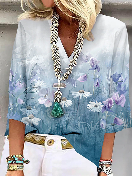 

Loose Floral Casual V Neck Shirt, Blue, Shirts & Blouses