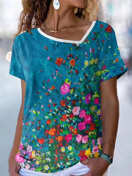 

Floral Casual Loose Asymmetrical Collar T-Shirt, Blue, T-Shirts