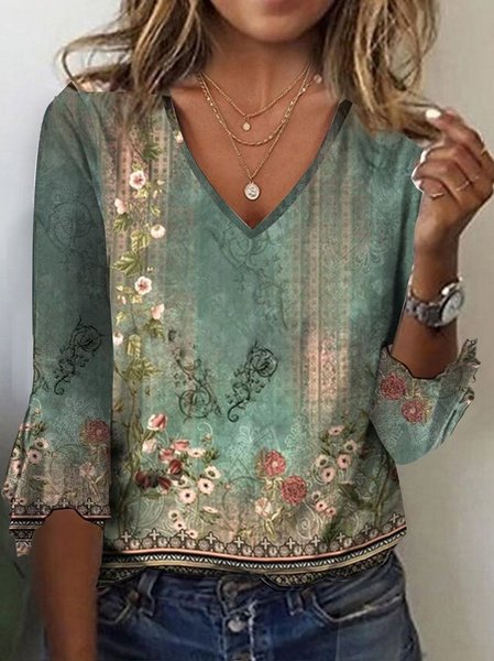 

Ethnic Knitted Casual Loose Plus Size T-Shirt, Green, T-Shirts
