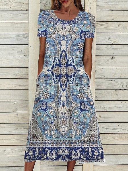 

Crew Neck Knitted Casual Loose Ethnic Dress, Blue, Dresses