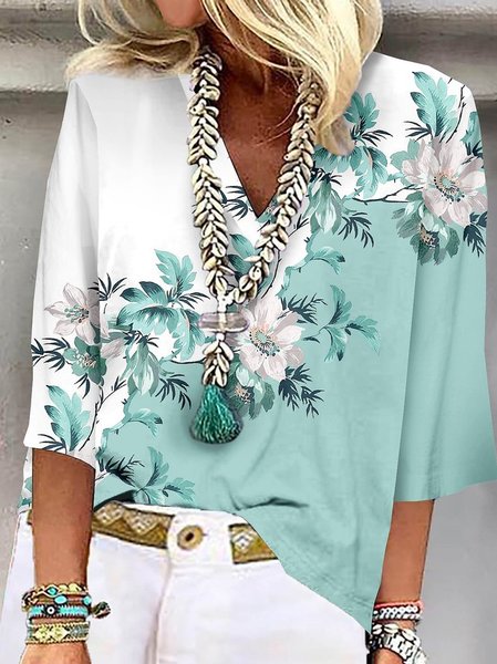

Loose V Neck Casual Floral Plus Size T-Shirt, Green, T-Shirts