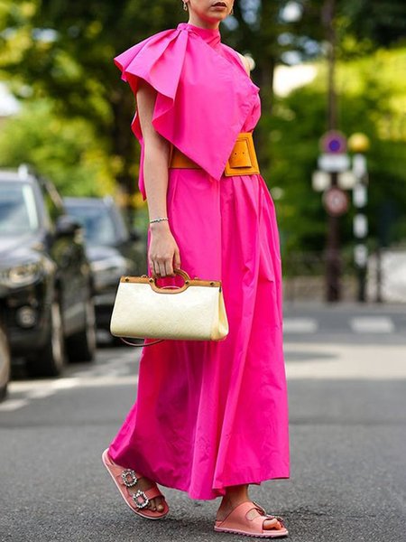 

Elegant Half Turtleneck Loose Plain Dress With No Belt, Pink, Maxi Dresses