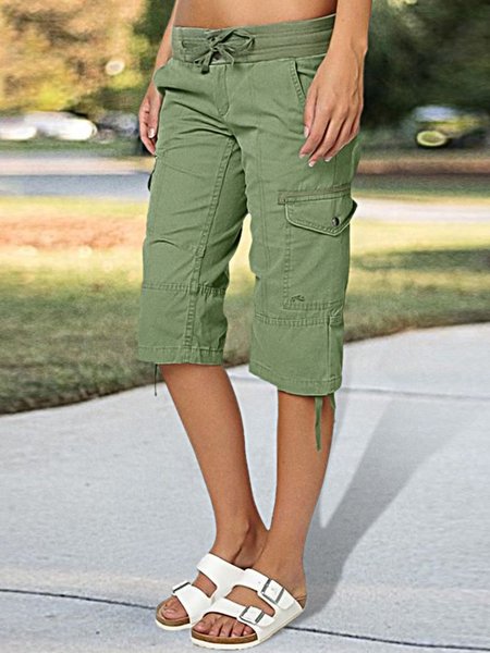 

Linen Casual Loose Drawstring Waist Flap Pocket Bermuda Shorts, Green, Pants