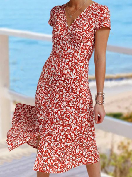 

Disty Floral Short Sleeve V Neck Vacation Dress, Red, Dresses