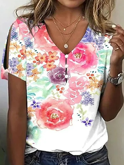 

Loose Casual Floral V Neck T-Shirt, White, T-Shirts