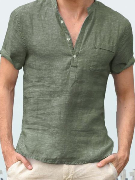 

Plain Regular Sleeve Cotton-Blend Pocket Stitching Casual Shirt, Army green, Shirts ＆ Blouse
