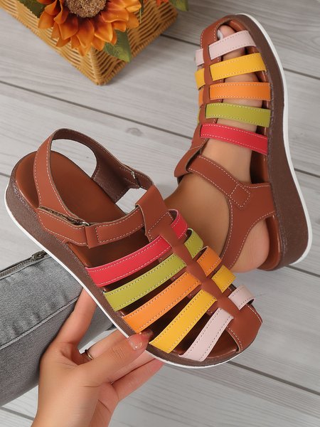 

Vintage Color Block Braided Hollow out Sandals, Brown, Sandals