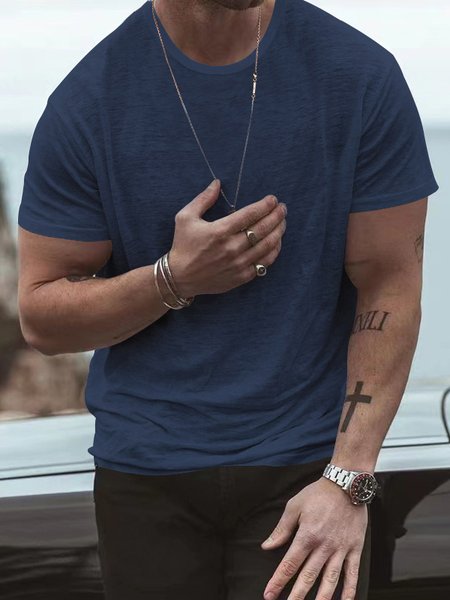 

Crew Neck Casual Regular Sleeve Regular Fit Plain Short Sleeve T-Shirt, Navyblue, T-Shirts